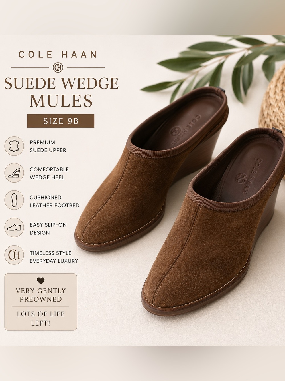 Cole Haan Suede Wedge Mule Slides Brown Leather Trim 9B Comfort Luxe